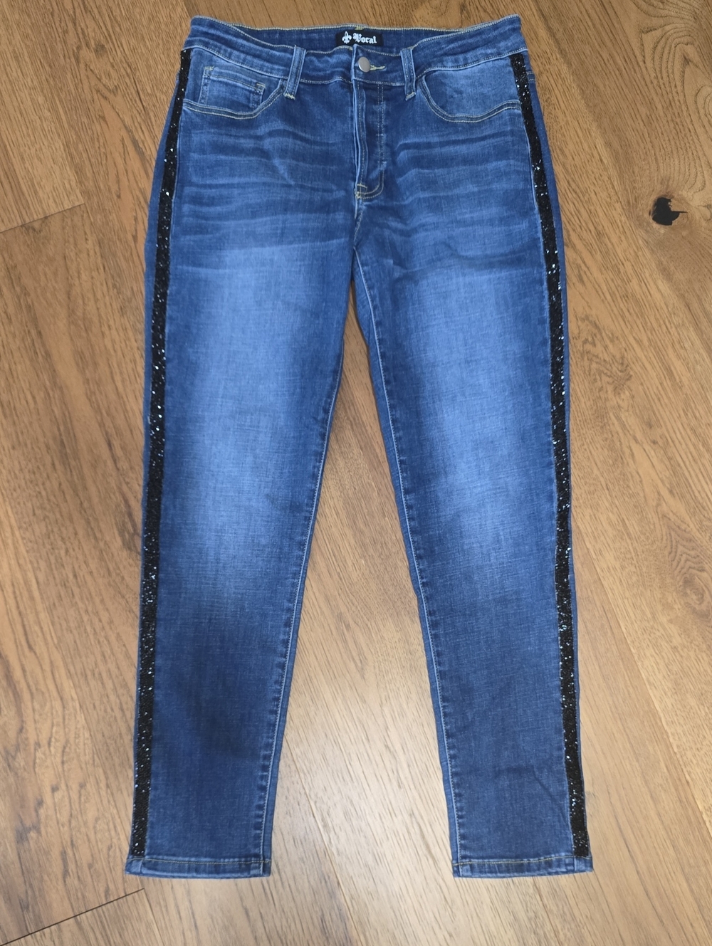 VOCAL Dark Blue Women’s Jeans with Black Sequin Side Stripes